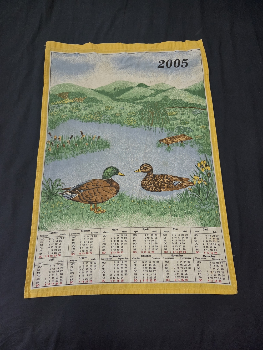 Vintage 2005 Calender Duck Lake Cotton Tea Towel - Yellow Border